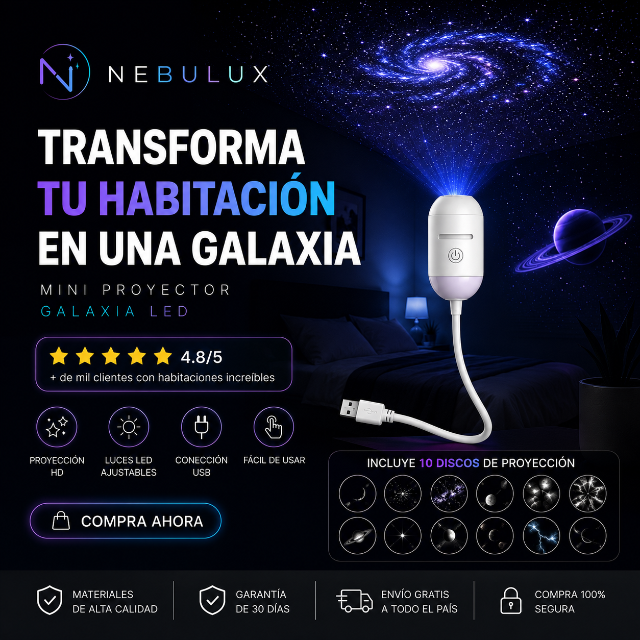 Nebulux™ Mini Proyector Led de galaxias, estrellas y planetas